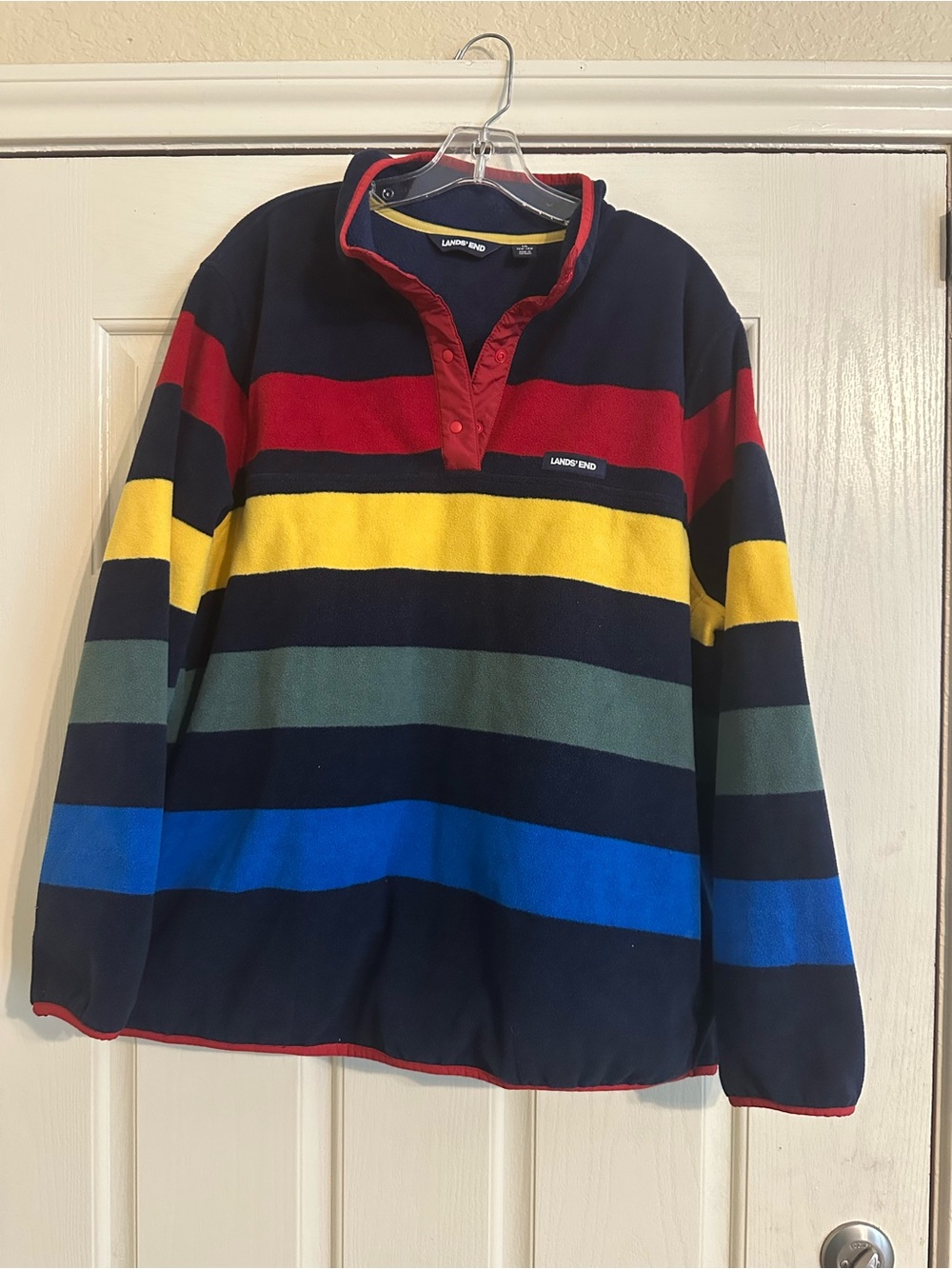 Lands' End Navy Multi-Color Striped Zip Pullover